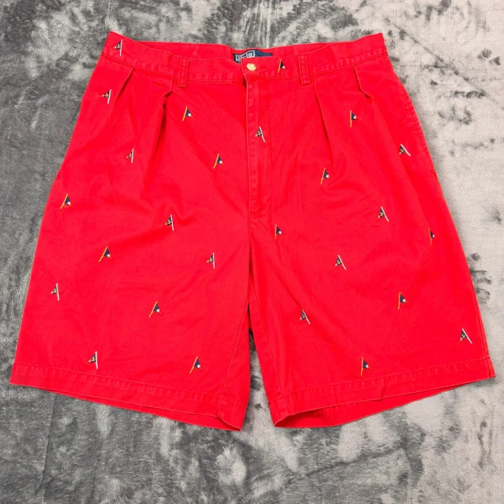 VTG Polo Ralph Lauren Tyler Shorts Mens 35 Red Embroidered Nautical Flag Cotton